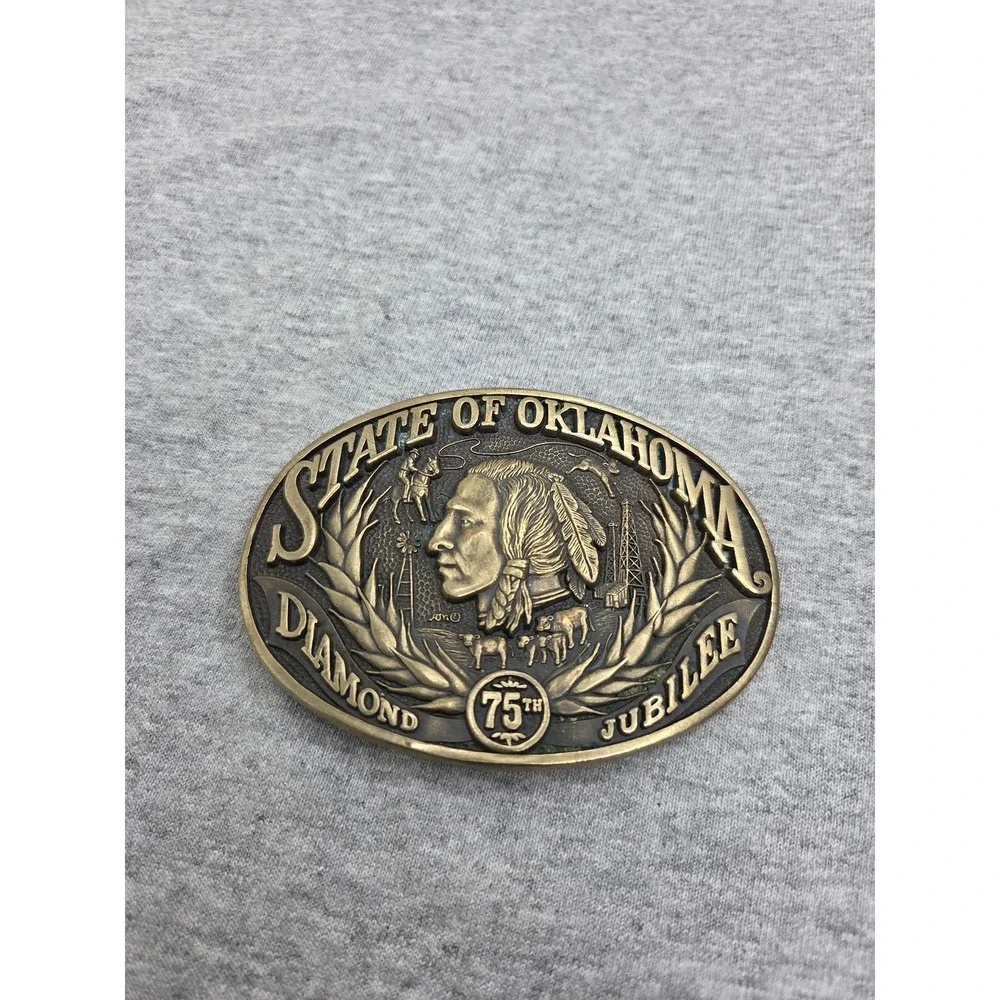 Oklahoma 75th Diamond Jubilee Native American Brass Belt Buckle